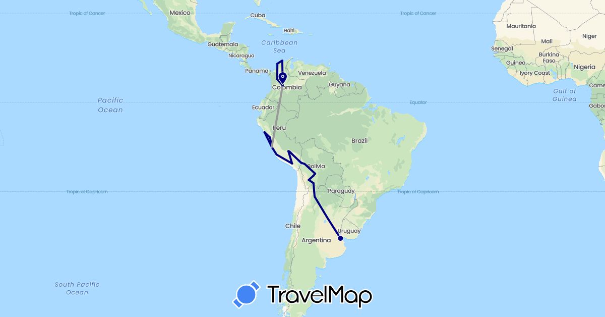 TravelMap itinerary: driving, plane in Argentina, Bolivia, Colombia, Peru (South America)